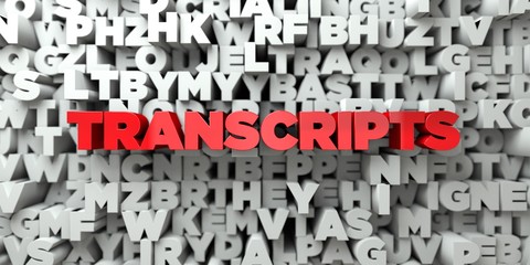 TRANSCRIPTS -  Red text on typography background - 3D rendered royalty free stock image. This image can be used for an online website banner ad or a print postcard.