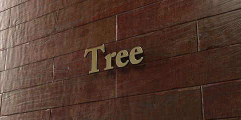 Tree - Bronze plaque mounted on maple wood wall  - 3D rendered royalty free stock picture. This image can be used for an online website banner ad or a print postcard.