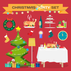 Set of festive items for Christmas and New Year. Christmas tree,