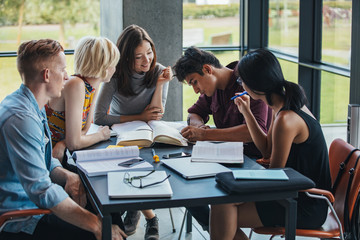 Multiracial students studying together in a library