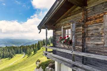 Alpine mountain hut with view over forest trees and valley