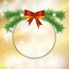 Christmas festive golden background with bow and fir. Vector illustration.