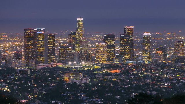 Sunset Downtown Los Angeles City to Night Lights 
