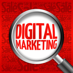 Digital Marketing sale word cloud with magnifying glass, business concept 3D illustration