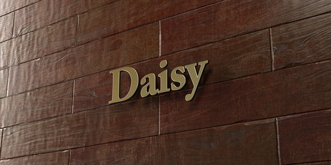 Daisy - Bronze plaque mounted on maple wood wall  - 3D rendered royalty free stock picture. This image can be used for an online website banner ad or a print postcard.