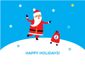 Happy holidays card design with Santa sack running from Santa Claus. Vector