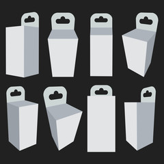 White and black paper hanging box set. Packaging container with hanging hole. Mock up template. Vector illustration isolated on white background.