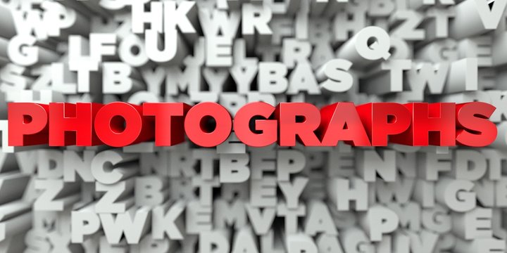 PHOTOGRAPHS -  Red text on typography background - 3D rendered royalty free stock image. This image can be used for an online website banner ad or a print postcard.