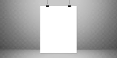 white blank vertical sheet of paper on the light grey background, mock-up illustration (poster, picture frame)