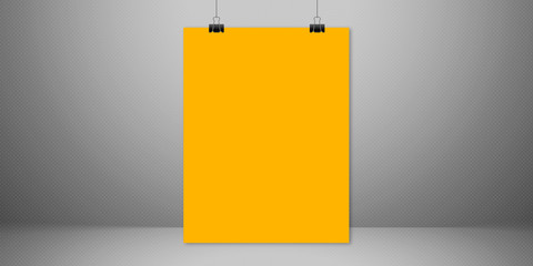 yellow blank vertical sheet of paper on the light grey background, mock-up illustration (poster, picture frame)