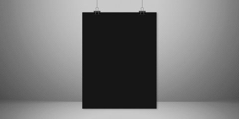 black blank vertical sheet of paper on the light grey background, mock-up illustration (poster, picture frame)