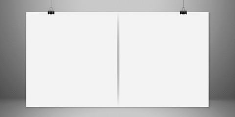 white blank horizontal sheet of paper on the light grey background, mock-up illustration (poster, picture frame)
