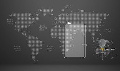world map with dots continents names markers and state table australia
