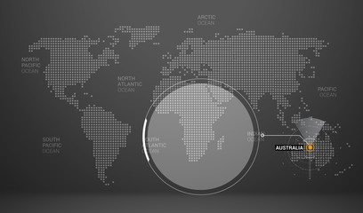 Obraz premium world map with dots continents names markers and state table australia