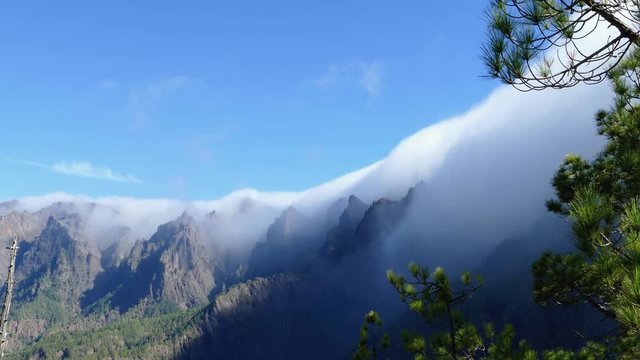 Time lapse clip of cumbrecita mountains in the "Caldera de taburiente" national park with its characteristic rolling clouds phenomenon