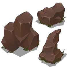 Set of dark brown rocks on a white background