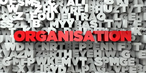 ORGANISATION -  Red text on typography background - 3D rendered royalty free stock image. This image can be used for an online website banner ad or a print postcard.