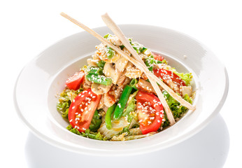 appetizing restaurant light salad with mushrooms food on white background