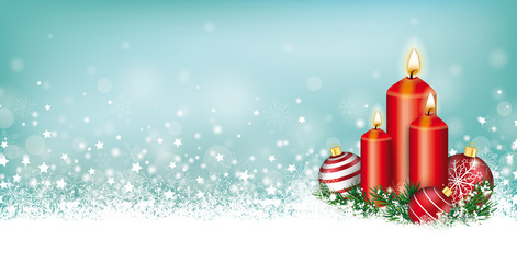 Weihnachten Headline mit Schneeflocken, Weihnachtskugeln und 3 Kerzen 