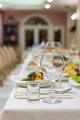 Different snacks for wine on banquet table