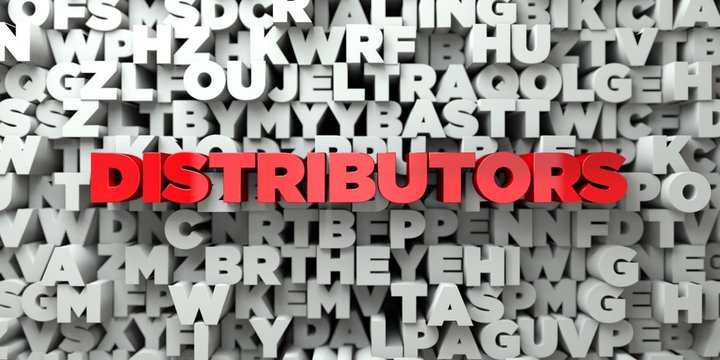 DISTRIBUTORS -  Red text on typography background - 3D rendered royalty free stock image. This image can be used for an online website banner ad or a print postcard.