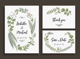 Set of wedding cards with leaves and herbs.