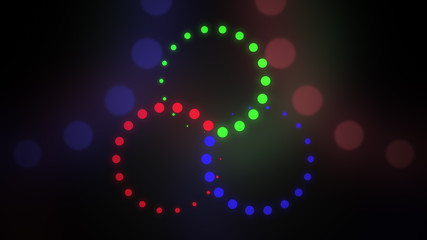 Astract red, green and blue cirles background. RGB, LED lighting or color blending concepts. 3D rendering