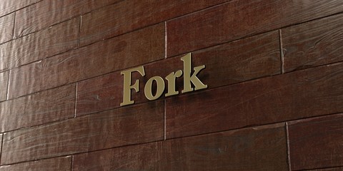Fork - Bronze plaque mounted on maple wood wall  - 3D rendered royalty free stock picture. This image can be used for an online website banner ad or a print postcard.