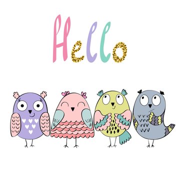 Card with cartoon owls in bright colors.