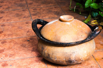 Closed up of clay pot,Clay pots for cooking outside a restaurant