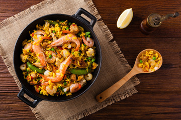 Traditional Spanish paella with seafood and chicken.