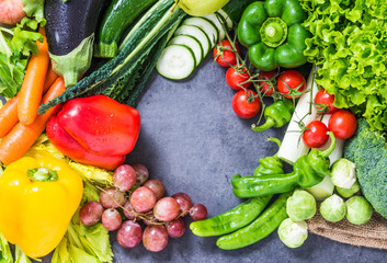 Vegetables and fruit background text space top view.