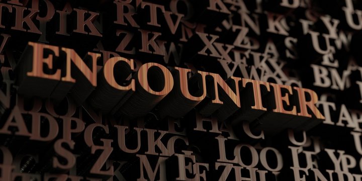Encounter - Wooden 3D rendered letters/message.  Can be used for an online banner ad or a print postcard.