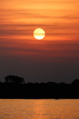 Beautiful sunset in northern Pantanal, wild brazil, brazilian wildlife and nature, amazing landscape, riverside, by the boat, world's largest marsh