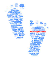 Morning sickness. Word cloud, trace feet, white background. The miracle of birth.