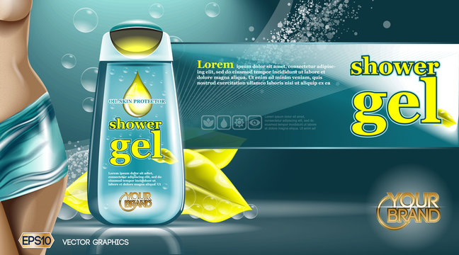 Digital vector aqua and yellow shower gel for women mockup on water background with bubbles, oil skin pretector, your brand, ready for design. Realistic style