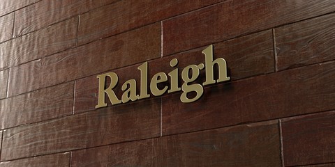 Raleigh - Bronze plaque mounted on maple wood wall  - 3D rendered royalty free stock picture. This image can be used for an online website banner ad or a print postcard.