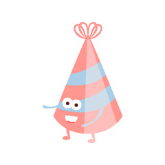 Stripy Party Hat Children Birthday Party Attribute Cartoon Happy Humanized Character In Girly Colors