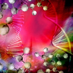 Image of molecular structure and chain of dna on a red background close-up