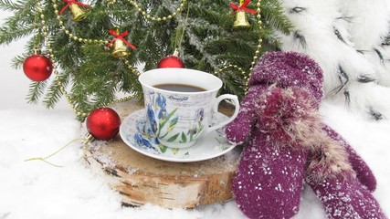 Background for new year and Christmas, fir-tree, decorations, coffee and mittens