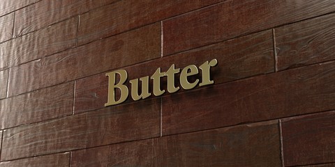 Butter - Bronze plaque mounted on maple wood wall  - 3D rendered royalty free stock picture. This image can be used for an online website banner ad or a print postcard.