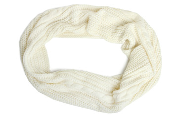 Knitted white scarf, isolated on white background