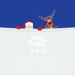 Cute cartoon Santa Claus and reindeer looking from behind blank billboard. Merry Christmas calligraphy and snowflakes on board.