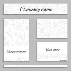 Set of business cards and banners in one style with flowers. Black and white colors. Vector illustration.
