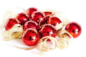 Christmas and New Year's Day wallpaper. Christmas decoration, balls and ribbons. 