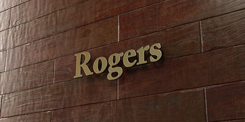 Rogers - Bronze plaque mounted on maple wood wall  - 3D rendered royalty free stock picture. This image can be used for an online website banner ad or a print postcard.