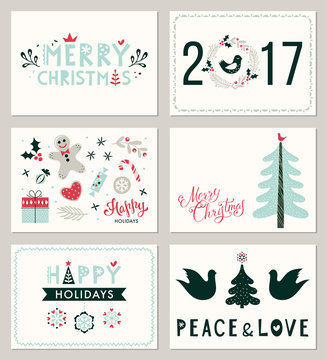 Winter Holidays greeting cards. Merry Christmas, Happy Holidays and Peace and Love. Vector illustration.