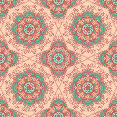 Seamless pattern with mandalas in beautiful colors for your design. Vector ornaments, background