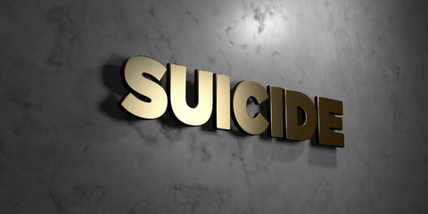 Suicide - Gold sign mounted on glossy marble wall  - 3D rendered royalty free stock illustration. This image can be used for an online website banner ad or a print postcard.