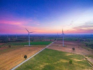 Aerial view of wind turbine power generator farm